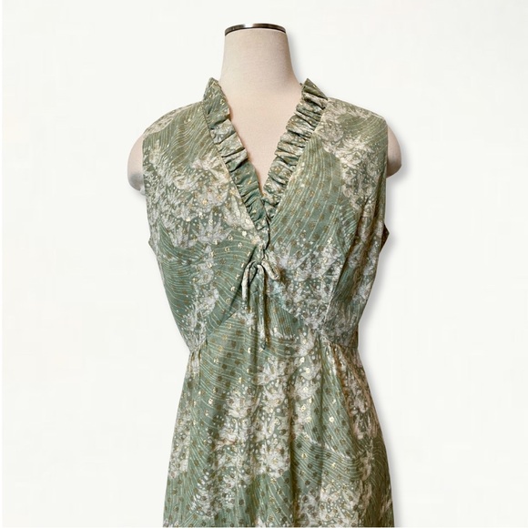 Vintage 1960s Mary Martin Florida Green Sleeveless Long Dress with Gold Detail - Picture 3 of 13